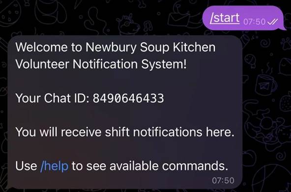 Bot response to /start