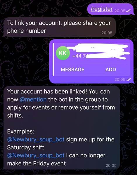 Bot response to /register