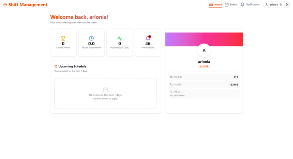 Home page (dashboard)