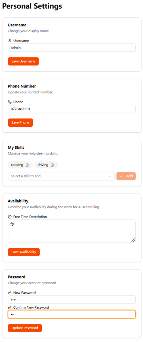 Personal settings page