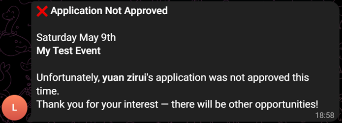 Telegram notification: Application rejected