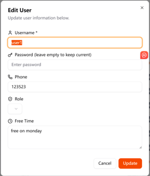 Edit user dialogue box
